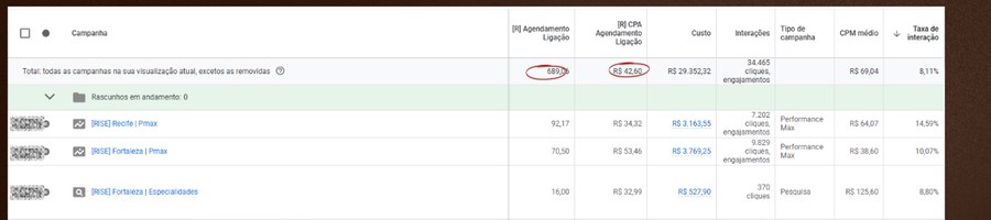 Painel Google Ads da campanha